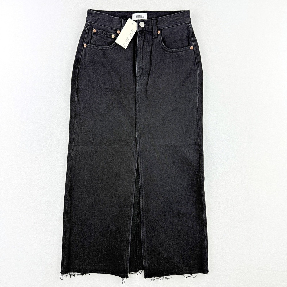 Pistola Long Black Denim Skirt Size 2 / 25 Alice Front Slit Fray Hem 100% Cotton